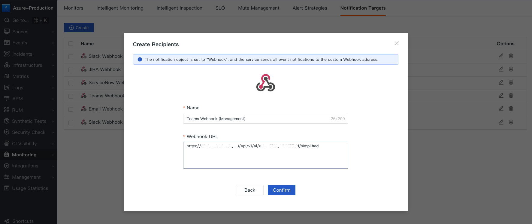 New Notification Target Setup